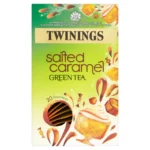 Twinings Salted Caramel Green Tea, 20 Tea Bags 40g, front of box with open window showing tea bags, available at teas.co.uk