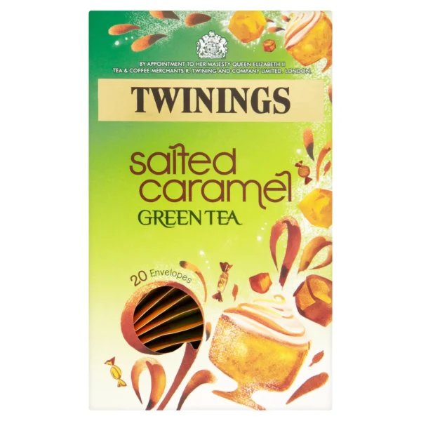 Twinings Salted Caramel Green Tea, 20 Tea Bags 40g, front of box with open window showing tea bags, available at teas.co.uk