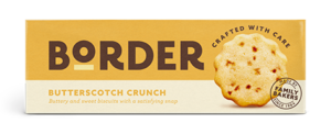Border Butterscotch Crunch Organic Biscuits, 135g, front of box, available at teas.co.uk