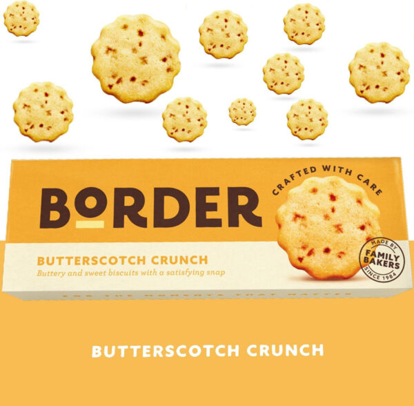 Border Butterscotch Crunch Organic Biscuits, 135g, lifestyle and fact sheet, available at teas.co.uk