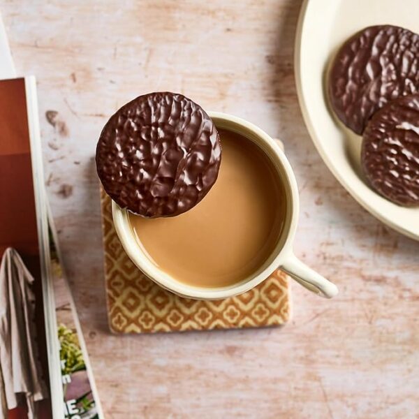 Border Dark Chocolate Ginger Organic Biscuits, 150g, biscuit resting on mug of tea, available at teas.co.uk
