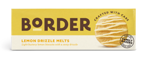 Border Lemon Drizzle Melts Organic Biscuits, 150g, front of box, available at teas.co.uk