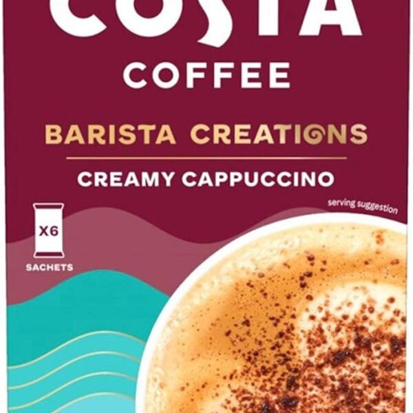 Costa Creamy Cappuccino, 6 Sachets 102G, Front And Top Of Box, Available At Teas.co.uk