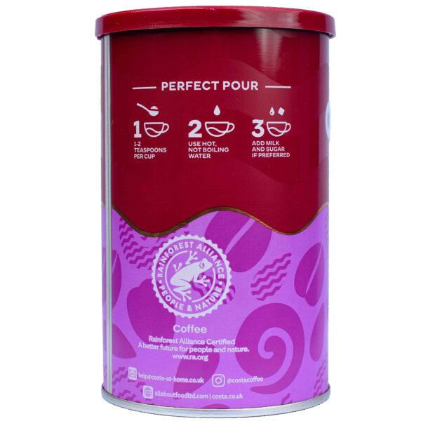 Costa Intense Dark Roast Coffee, 100g, back of tin, available at teas.co.uk