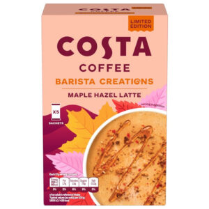 Costa Maple Hazel Latte, 5 Sachets 85g, front and top of box, available at teas.co.uk