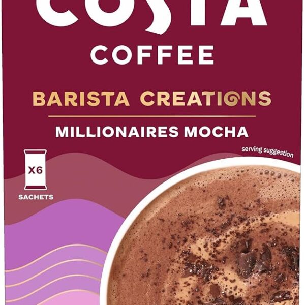 Costa Millionaires Mocha, 6 Sachets 138G, Front Of Box, Available At Teas.co.uk
