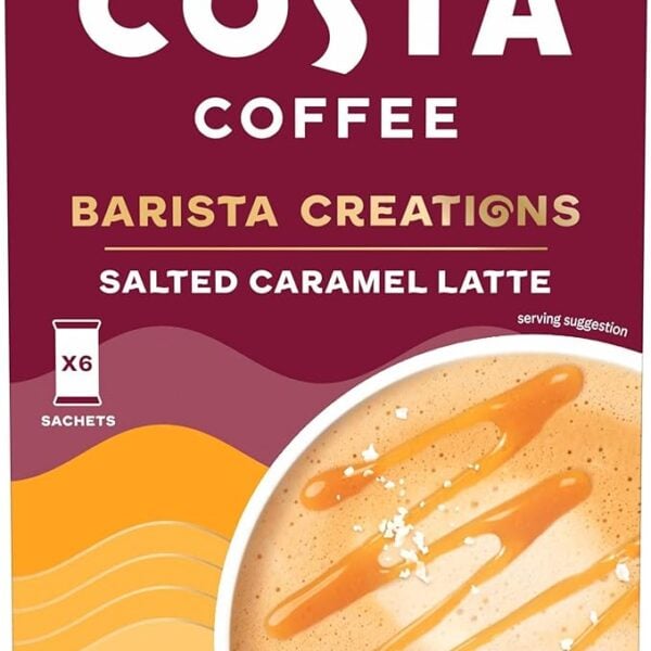 Costa Salted Caramel Latte, 6 Sachets 102G, Front And Top Of Box.webp, Available At Teas.co.uk