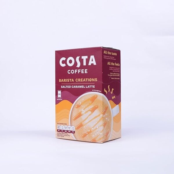 Costa Salted Caramel Latte, 6 Sachets 102G, Right Side Of Box, Available At Teas.co.uk