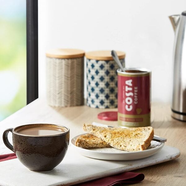 Costa Smooth Medium Roast Coffee, 100G, Coffee Brewing In Mug With Toast, Available At Teas.co.uk