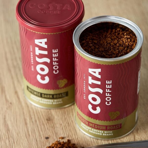 Costa Smooth Medium Roast Coffee, 100G, Lifestyle Tin Opem Showing Coffee, Available At Teas.co.uk