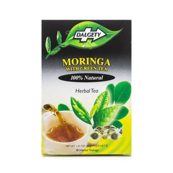 Dalgety Moringa With Green Tea, 18 Tea Bags 40G, Front Of Box, Available At Teas.co.uk