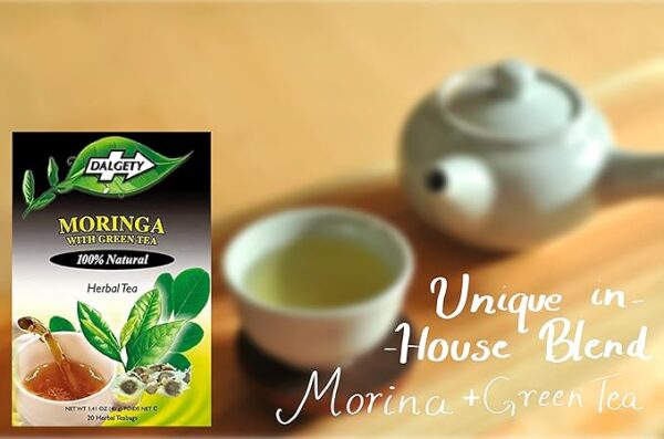 Dalgety Moringa with Green Tea, 18 Tea Bags 40g, lifestyle shot, available at teas.co.uk