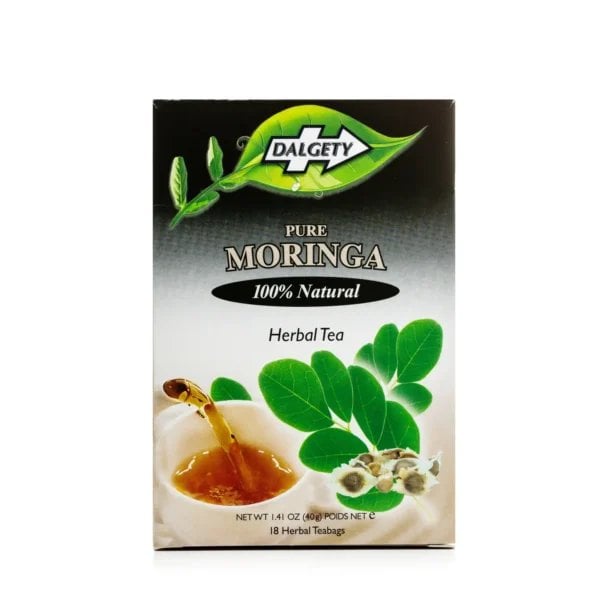 Dalgety Pure Moringa, 18 Tea Bags 40g, front of box, available at teas.co.uk