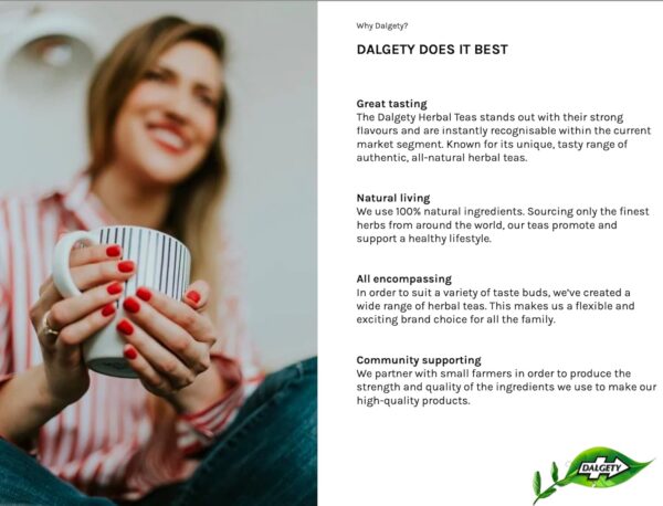 Dalgety Pure Soursop, 18 Tea Bags 40g, lifestyle picture and fact sheet, available at teas.co.uk