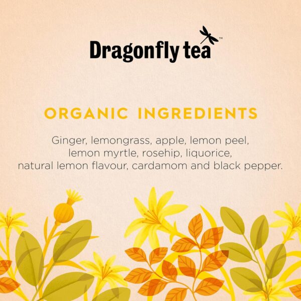 Dragonfly Organic Lively Lemon and Ginger, 20 Tea Bags 34g, organic fact sheet, available at teas.co.uk
