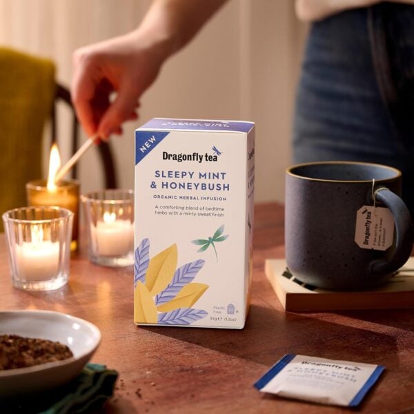 Dragonfly Organic Sleepy Mint And Honeybush, 20 Tea Bags 34G, Box On Table With Mug Brewing, Available At Teas.co.uk