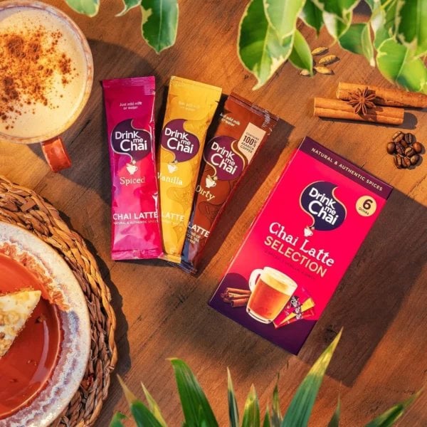 Drink Me Chai Latte Selection Box, 6 Sachets 93g, front of box with sachets, available at teas.co.uk