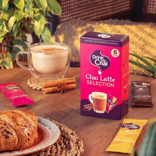 Drink Me Chai Latte Selection Box, 6 Sachets 93g, lifestyle shot, available at teas.co.uk
