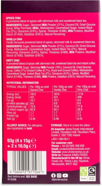 Drink Me Chai Latte Selection Box, 6 Sachets 93g, nutritional panel, available at teas.co.uk