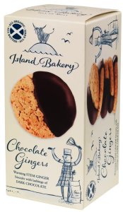 Island Bakery Chocolate and Ginger Organic Biscuits, 133g, front of box, available at teas.co.uk