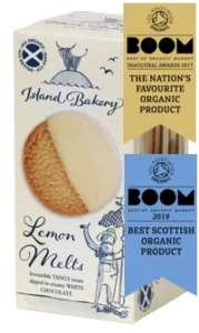 Island Bakery Lemon Melt Organic Biscuits, 133g, front of box with awards, available at teas.co.uk