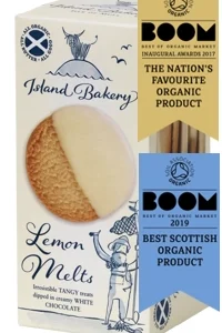 Island Bakery Lemon Melt Organic Biscuits, 133G, Front Of Box With Awards, Available At Teas.co.uk