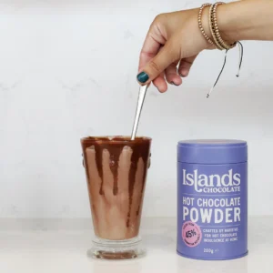 Islands Mint Hot Chocolate Powder, 200g, drink in clear glass, available at teas.co.uk