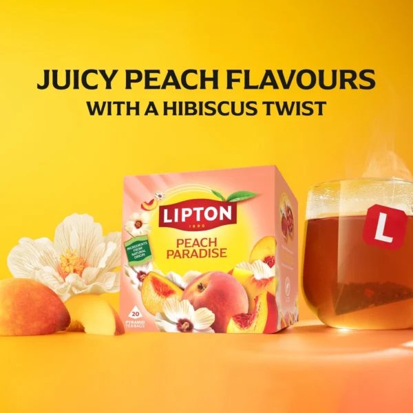 Lipton Peach Paradise, 20 Tea Bags 46g, side of box, available at teas.co.uk