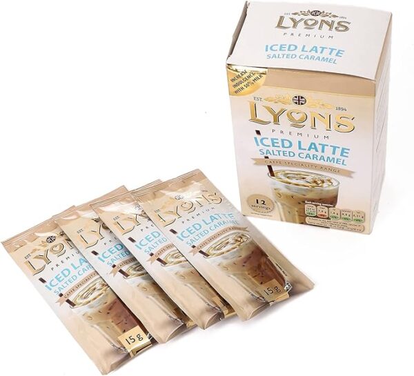 Lyons Salted Caramel Iced Latte, 12 Sachets 180g, sachets closeup, available at teas.co.uk