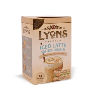 Lyons Salted Caramel Iced Latte, 12 Sachets 180g, side view, available at teas.co.uk