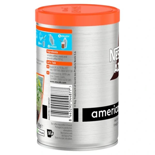 Nescafé Azera Americano Intense Coffee, 90g, left side of tin, available at teas.co.uk