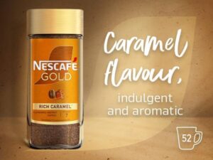 Nescafé Gold Blend Rich Caramel Coffee, 95g, front of jar info sheet, available at teas.co.uk
