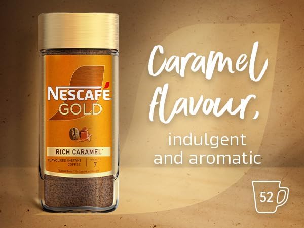 Nescafé Gold Blend Rich Caramel Coffee, 95g, front of jar info sheet, available at teas.co.uk