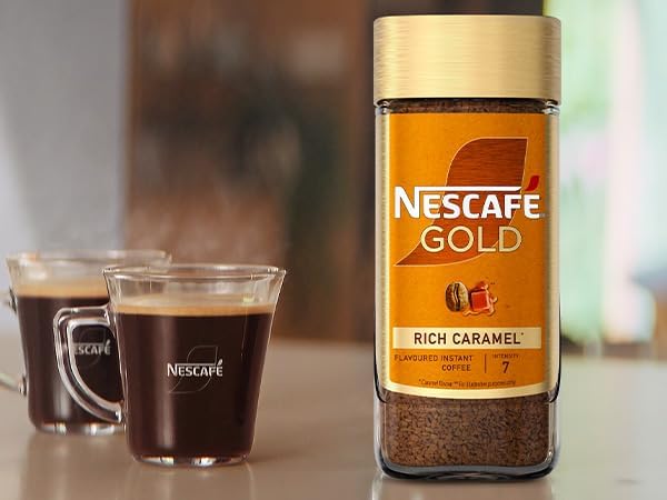 Nescafé Gold Blend Rich Caramel Coffee, 95g, lifestyle shot, available at teas.co.uk