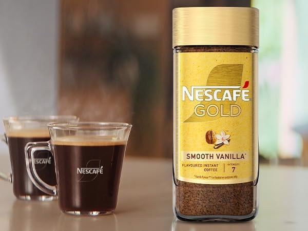 Nescafé Gold Blend Alta Rica Coffee, 95g, front of jar and two cups of coffee, available at teas.co.uk