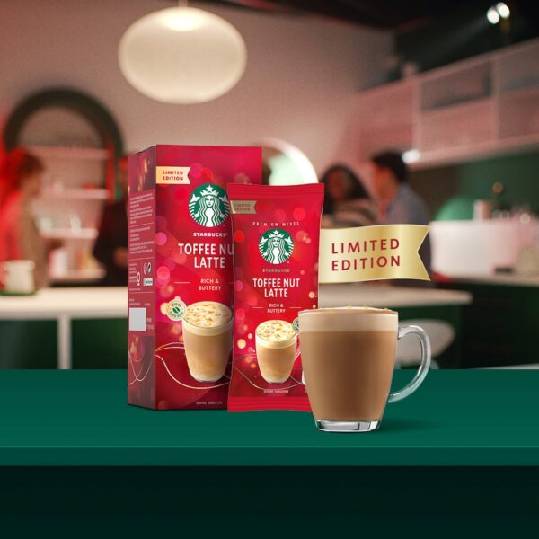 Starbucks Toffee Nut Latte, 4 Sachets 92G, box with sachet and mug, available at teas.co.uk