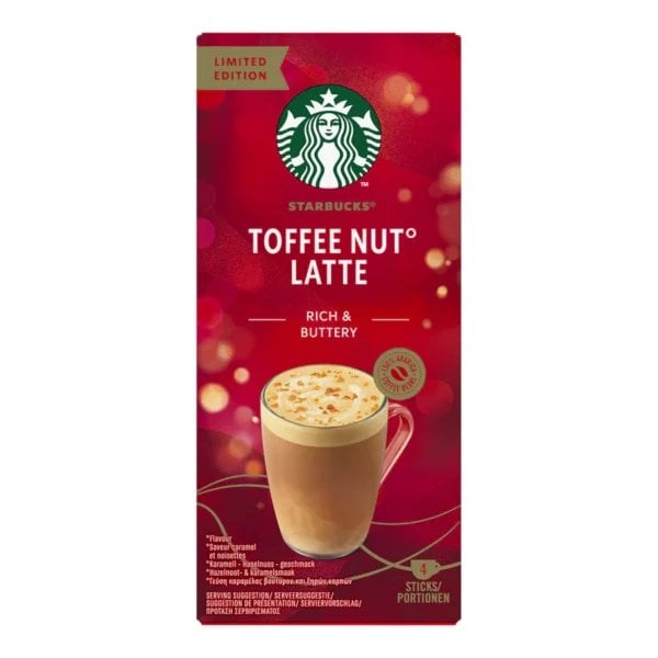 Starbucks Toffee Nut Latte, 4 Sachets 92G, front of box, available at teas.co.uk