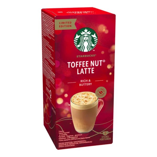 Starbucks Toffee Nut Latte, 4 Sachets 92G, side of box, available at teas.co.uk