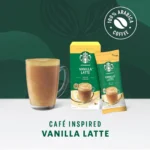 Starbucks Vanilla Latte, 5 Sachets 107.5g, box sachet and drink in clear mug, available at teas.co.uk