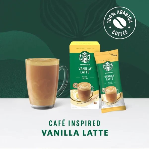 Starbucks Vanilla Latte, 5 Sachets 107.5g, box sachet and drink in clear mug, available at teas.co.uk