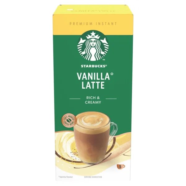 Starbucks Vanilla Latte, 5 Sachets 107.5g, front of box, available at teas.co.uk