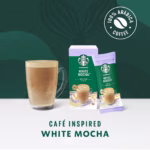 Starbucks White Mocha, 5 Sachets 120g, box with sachet and cup off drink, available at teas.co.uk