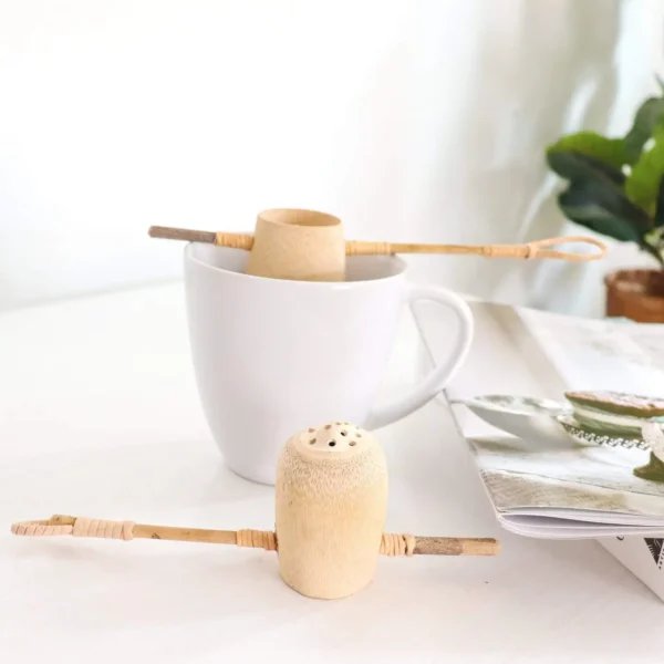 Tunta Bamboo Tea Strainer Handmade In Thailand Top View, in mug, available at teas.co.uk