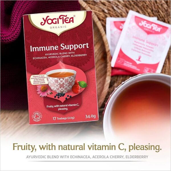 Yogi Tea Organic Immune Support, 17 Tea Bags 34g, front in lifestyle view, available at teas.co.uk