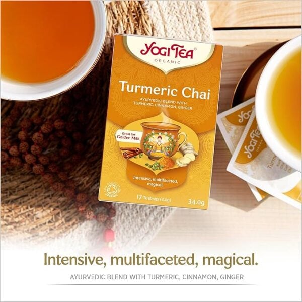 Yogi Tea Organic Turmeric Chai, 17 Tea Bags 34G, Lifestyle Shot, Available At Teas.co.uk