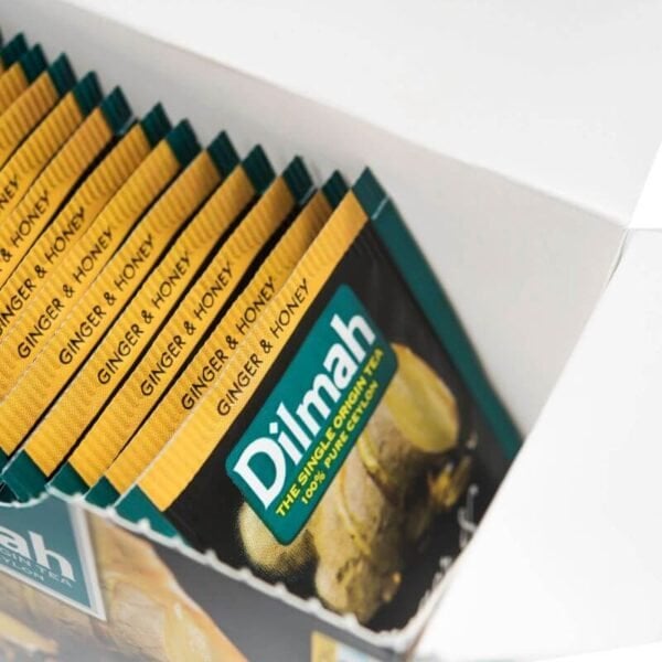 Dilmah Ginger And Honey, 20 Tea Bags 30G, Open Box Showing Tea Bag Enverlopes Inside, Available At Teas.co.uk