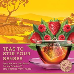 Lipton Black Tea Red Fruits with French Strawberries, 20 tea bags 30g, info advert high detail, available at teas.co.uk