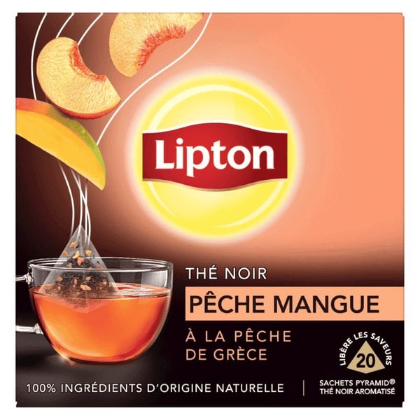 Lipton Black Tea With Peach And Mango From Greece, 20 Tea Bags 34G, Front Of Box, Available At Teas.co.uk