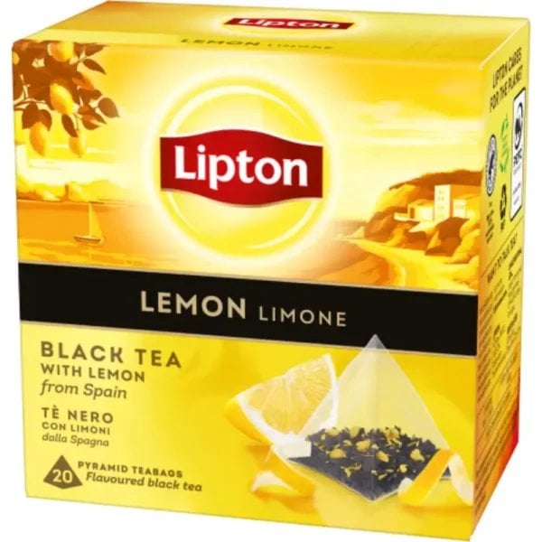 Lipton Black Tea With Spanish Lemons, 20 Tea Bags 34G, 3D Front, Available At Teas.co.uk