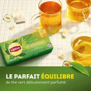 Lipton Pure Nature Green, 30 Tea Bags 39g, lifestyle showing tea box and tea brewing0in glass cup, available at teas.co.uk